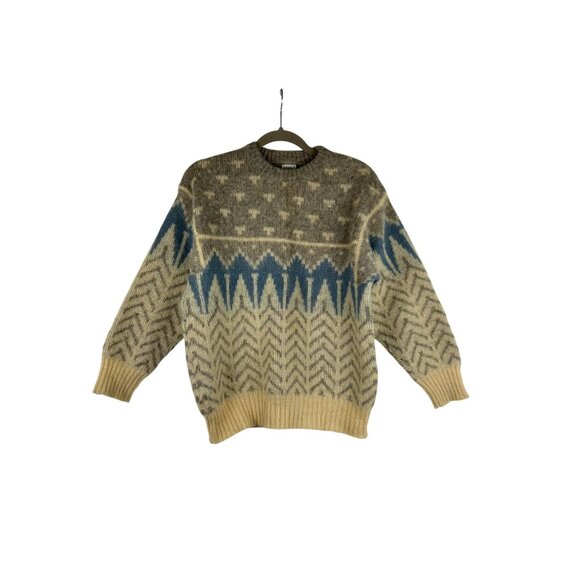 ALAFOSS Icewool Mens S Crew Neck Jumper Sweater Beige Fair Isle Virgin Wool VTG - Picture 2 of 12